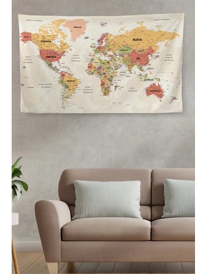 Duvar Örtüsü / Halısı Detaylı Güncel Türkçe Dünya Haritası Kaliteli Kanvas KUMAŞ-3979
