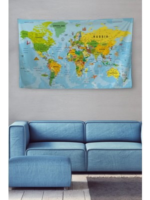 Duvar Örtüsü / Halısı Detaylı Ingilizce Güncel Dünya Haritası Kaliteli Kanvas KUMAŞ-3970