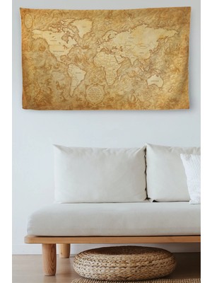 Duvar Örtüsü Eskitme Wintage Dünya Haritası Kanvas Kumaş Duvar HALISI-4041