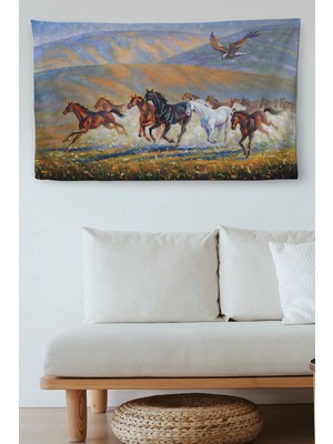 Duvar Örtüsü Kafkas Dağları ve Atları Yağlıboya Görünümlü Kanvas Duvar HALISI-4022