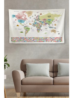 Duvar Örtüsü / Halısı Bayrak Detaylı Türkçe Güncel Dünya Haritası -3966
