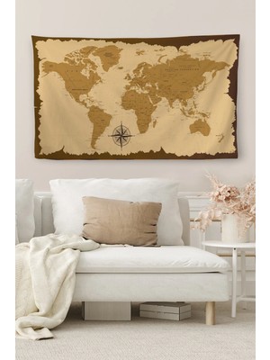 Duvar Örtüsü / Halısı Eskitme Vintage Kanvas Kumaş Dünya HARITASI-3958