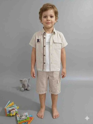6018 Lavin Kids Şortlu Gömlekli T Shirtlü 3 Lü Erkek Çocuk Takım