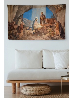 Duvar Örtüsü / Halısı Isa'nın Doğumu ve Meryem Kaliteli Kanvas KUMAŞ-4067