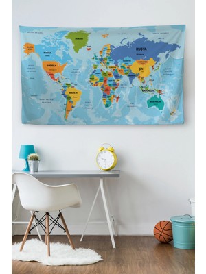 Duvar Örtüsü / Halısı Detaylı Güncel Türkçe Dünya Haritası Kaliteli Kanvas KUMAŞ-3974