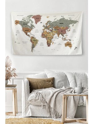 Duvar Örtüsü / Halısı Detaylı Türkçe Güncel Dünya Haritası Kaliteli Kanvas KUMAŞ-3963