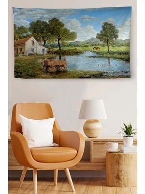 Duvar Örtüsü Köy Evi Manzaralı Kaliteli Kanvas Duvar HALISI-3986