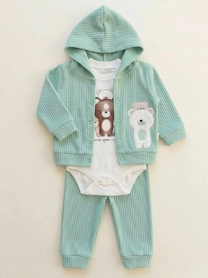 Lika&Nika %100 Pamuklu Kapşonlu Hırka Body ve Pantolon 3'lü Takım Ayıcık Baskılı