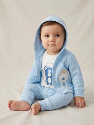 Lika&Nika %100 Pamuklu Kapşonlu Hırka Body ve Pantolon 3'lü Takım Ayıcık Baskılı