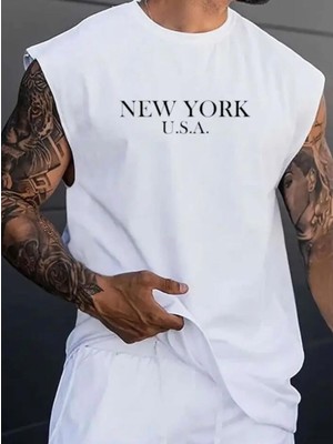 Punix Punıx Büyük Beden New York Baskılı Ter Tutmayan Rahat Kalıp Kolsuz Yazlık T-Shırt