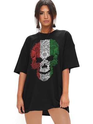 Rock&roll Italyan Kurukafa Oversize Siyah Kadın Tişört