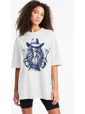 Rock&roll Şapkalı Kız Oversize Beyaz Kadın Tişört