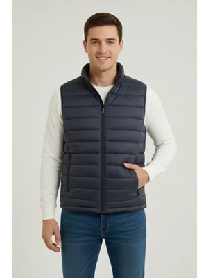 Buğrahayalin Erkek Şişme Fermuarlı Yelek Su Itici Kapitone Astarlı Kumaş Cepli Hafif Kışlık Spor Rahat Kalıp - Lacivert