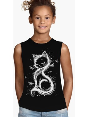 Rock&roll Kedi Prenses Siyah Kesik Kol Kız Çocuk T-Shirt