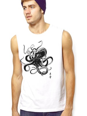 Rock&Roll Rock &roll Japon Ahtapot Beyaz Kesik Kol | Kolsuz Erkek Tshirt | Atlet