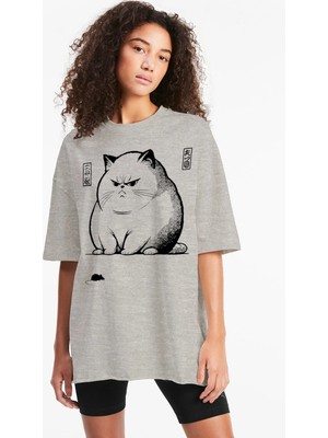 Rock&roll Kedi Fare Oversize Gri Kadın Tişört