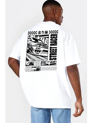 Rock&roll Sokak Yarışcısı Oversize Beyaz Erkek Tişört