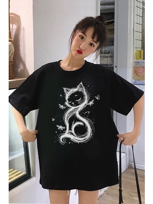 Rock&roll Kedi Prenses Oversize Siyah Kadın Tişört