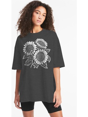 ROCKANDROLL Yaz Çiçekleri Oversize Antrasit Kadın Tişört