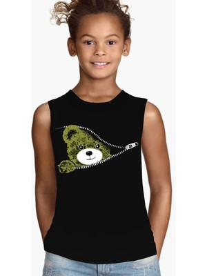 Rock&roll Fermuarlı Teddy  Siyah Kesik Kol Kız Çocuk T-Shirt