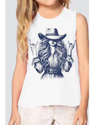 Rock&roll Şapkalı Kız Beyaz Kesik Kol Kız Çocuk T-Shirt