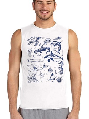 Rock&Roll Rock &roll Denizde Hayat Beyaz Kesik Kol | Kolsuz Erkek Tshirt | Atlet