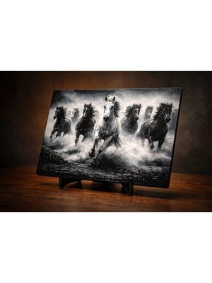 Olivyard Home Siyah Beyaz At Sürüsü Masa Dekoratif Tablo Stantlı Pla 22 x 16 cm