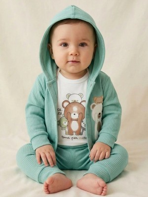 Lika&Nika %100 Pamuklu Kapşonlu Hırka Body ve Pantolon 3'lü Takım Ayıcık Baskılı