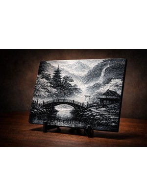Olivyard Home Siyah Beyaz Japon Bahçesi Masa Dekoratif Tablo Stantlı Pla 22 x 16 cm