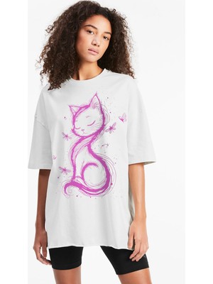 Rock&roll Kedi Prenses Oversize Beyaz Kadın Tişört