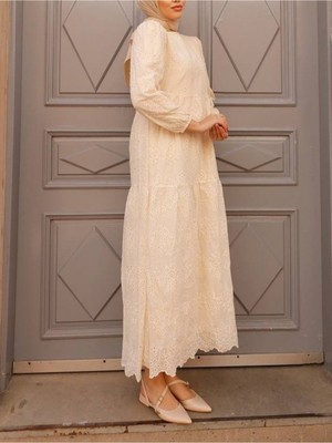 Modamorfo Kolu Lastikli Parçalı Elbise   -Bej