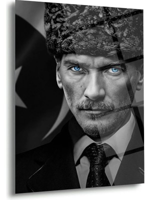 Shiny Art Mustafa Kemal Atatürk Mavi Göz Detaylı Siyah Beyaz Cam Tablo – ATA300