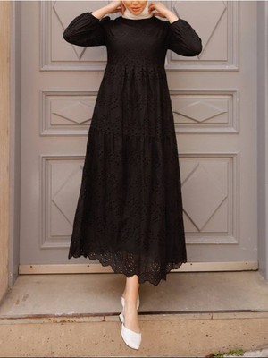 Modamorfo Kolu Lastikli Parçalı Elbise   -Siyah