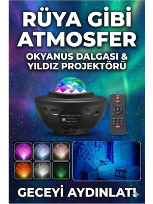 Güvenli Sepet Galaksi Yıldız Projektörü ve Bluetooth Hoparlör 10 Renk Modlu Okyanus Dalgalı Gece & Disko Lambası