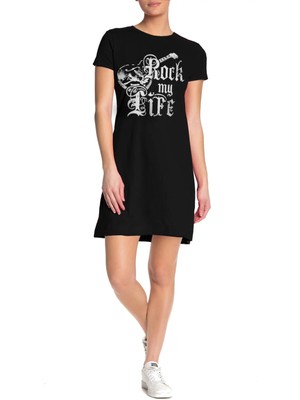 Rock&roll Hayatım Rock Siyah Kısa Kollu Penye Kadın T-Shirt Elbise