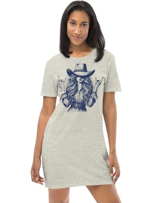 Rock&roll Şapkalı Kız Gri Kısa Kollu Penye Kadın T-Shirt Elbise