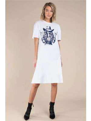 Rock&roll Şapkalı Kız Beyaz Kısa Kol Diz Üstü Orta Boy Penye Elbise