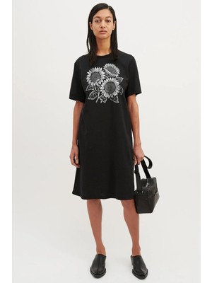 Rock&roll Yaz Çiçekleri Siyah Kısa Kol Diz Üstü Orta Boy Penye Elbise