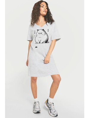 Rock&roll Kedi Fare Gri V Yaka Yarım Kol Diz Boyu Rahat Ev Elbisesi Gecelik