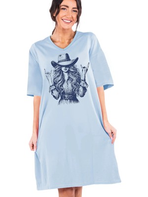 Rock&roll Şapkalı Kız Açık Mavi V Yaka Yarım Kol Diz Boyu Rahat Ev Elbisesi Gecelik