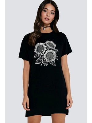 Rock&roll Yaz Çiçekleri Siyah Kısa Kollu Penye Kadın T-Shirt Elbise