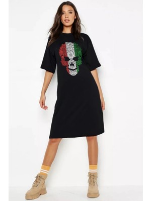 Rock&roll Italyan Kurukafa Siyah Kısa Kol Diz Üstü Orta Boy Penye Elbise