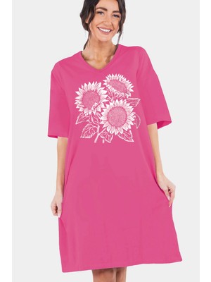 Rock&roll Yaz Çiçekleri Fuşya V Yaka Yarım Kol Diz Boyu Rahat Ev Elbisesi Gecelik