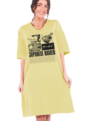 Rock&roll Japon Noodle Açık Sarı V Yaka Yarım Kol Diz Boyu Rahat Ev Elbisesi Gecelik