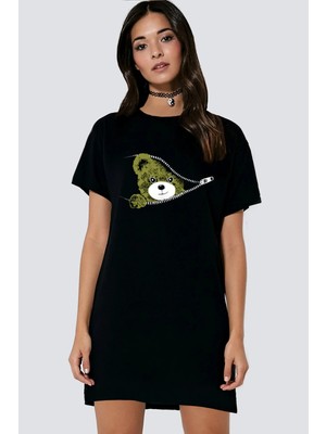 Rock&roll Fermuarlı Teddy Siyah Kısa Kollu Penye Kadın T-Shirt Elbise