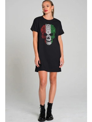 Rock&roll Italyan Kurukafa Siyah Kısa Kollu Penye Kadın T-Shirt Elbise