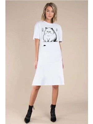 Rock&roll Kedi Fare Beyaz Kısa Kol Diz Üstü Orta Boy Penye Elbise