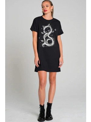 Rock&roll Kedi Prenses Siyah Kısa Kollu Penye Kadın T-Shirt Elbise
