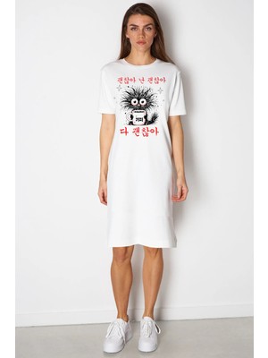 Rock&roll Sabah Kahvesi Beyaz Kısa Kol Diz Üstü Orta Boy Penye Elbise