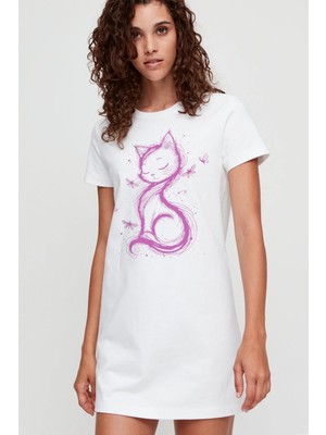 Rock&roll Kedi Prenses Beyaz Kısa Kollu Penye Kadın T-Shirt Elbise